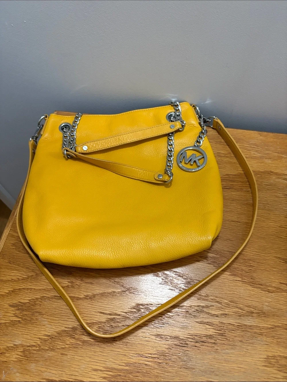 Michael Kors Yellow Leather Shoulder Bag with Chain Strap and MK Charm